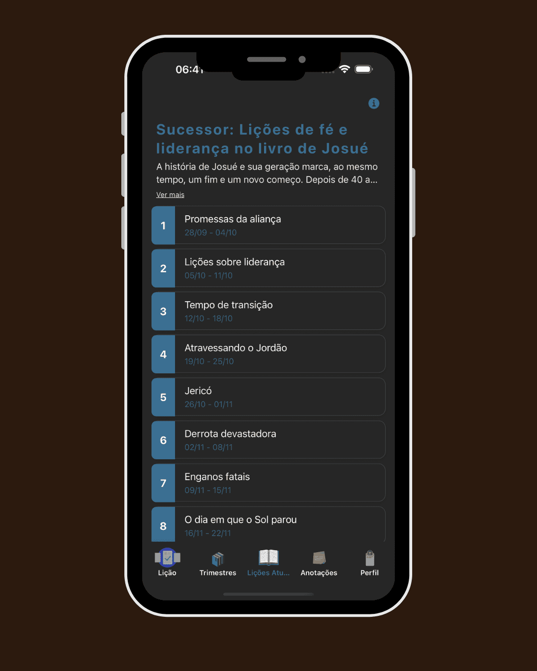 Tela das lições de um trimestre no BibleWay com divisão por semanas.